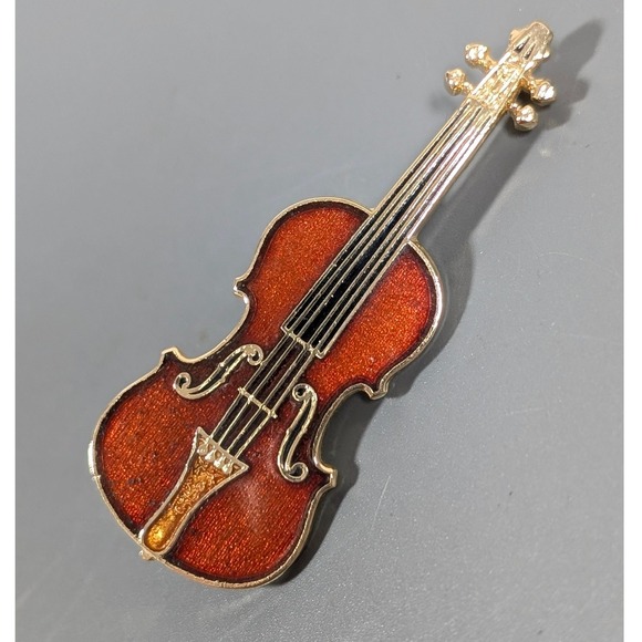 Estate Jewelry - Vintage Brown Enamel Cello Double Bass Brooch Pin Made in USA Music
